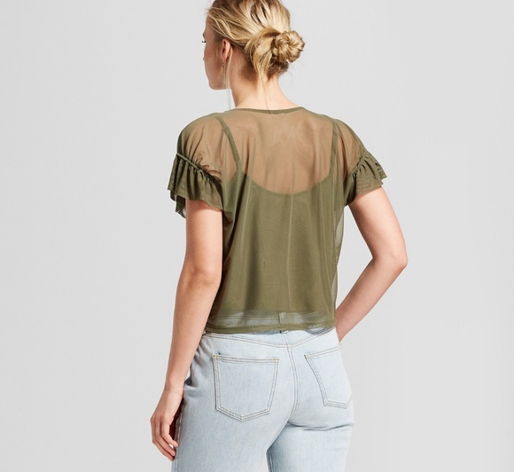 Olive Green Short Sleeved Mesh Embroidered Top M - Picture 2 of 8